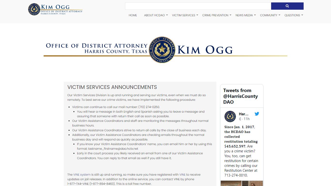 Victim Services Announcements - Harris County, Texas
